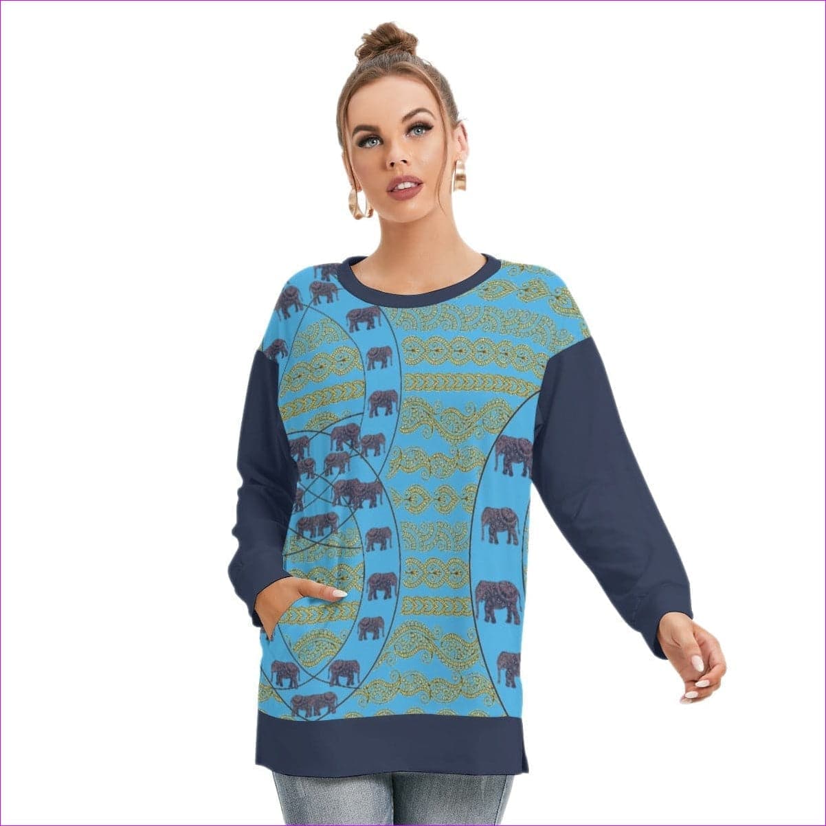 Blue Elegant Elephant Womens Side Split O-neck Blue Sweatshirt - women's sweatshirt at TFC&H Co.