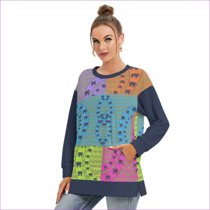 multi-colored Elegant Elephant Womens Side Split O-neck Sweatshirt - women's sweatshirt at TFC&H Co.