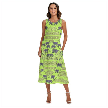 green Elegant Elephant Womens Sleeveless Dress With Diagonal Pocket - women's dress at TFC&H Co.