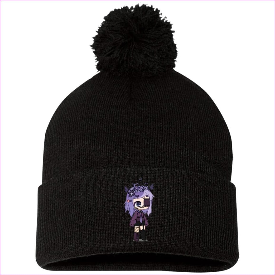 SP15 Pom Pom Knit Cap7 Black One Size - Embroidered Slouch Beanie - Beanie at TFC&H Co.