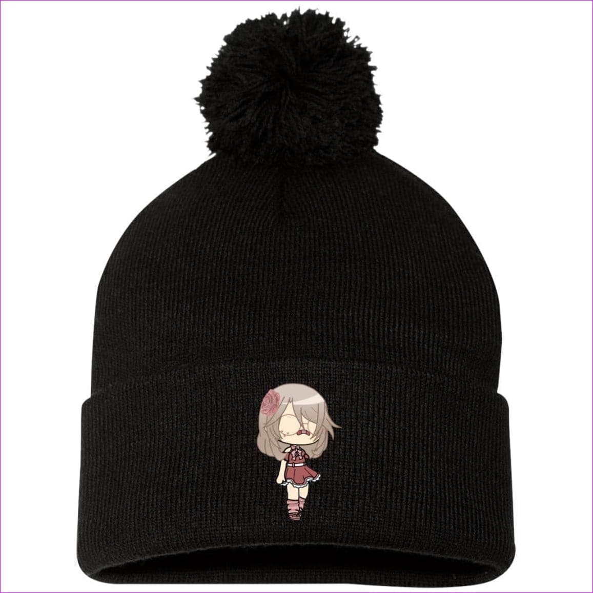 SP15 Pom Pom Knit Cap8 Black One Size - Embroidered Slouch Beanie - Beanie at TFC&H Co.