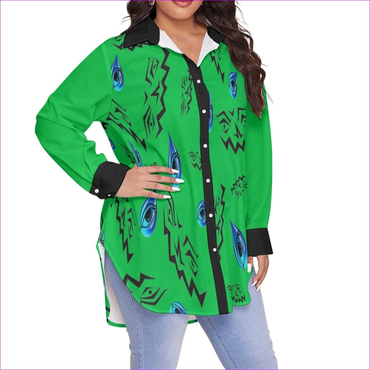 green - Evil Eye Black Womens Button-Up Voluptuous (+) Plus Size - womens button-up shirt at TFC&H Co.
