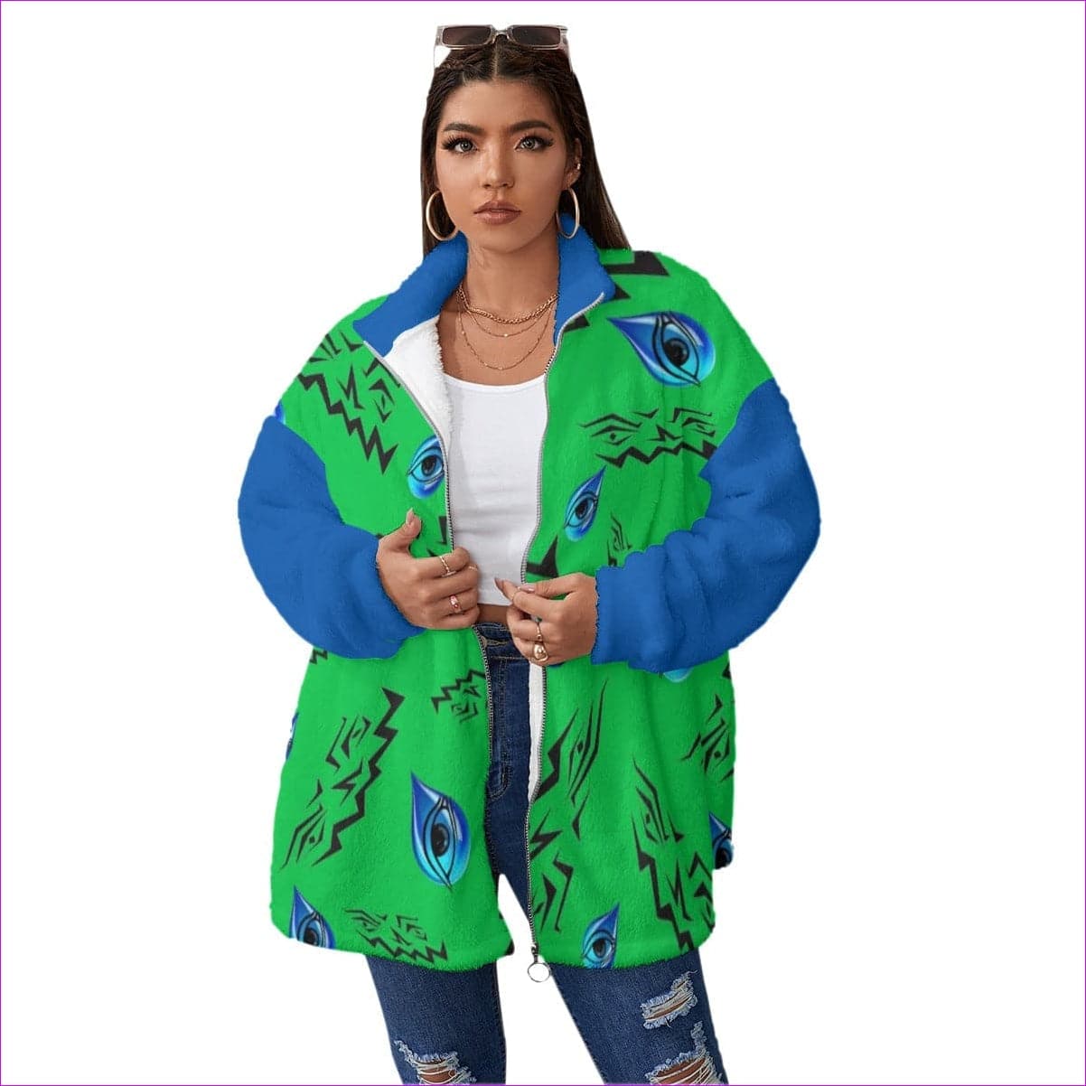 green - Evil Eye Borg Fleece Stand-up Collar Womens Coat Voluptuous (+) Plus Size - womens coat at TFC&H Co.