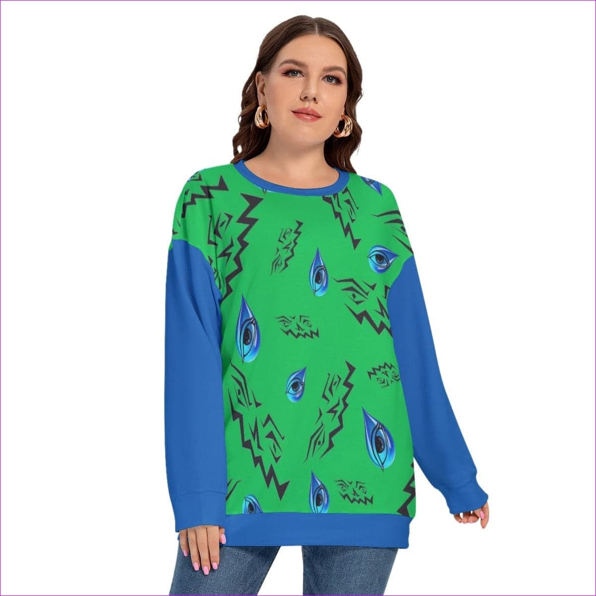 green - Evil Eye Women’s O-neck Drop-shoulder Sweatshirt Voluptuous(+) Plus Size - womens sweatshirt at TFC&H Co.