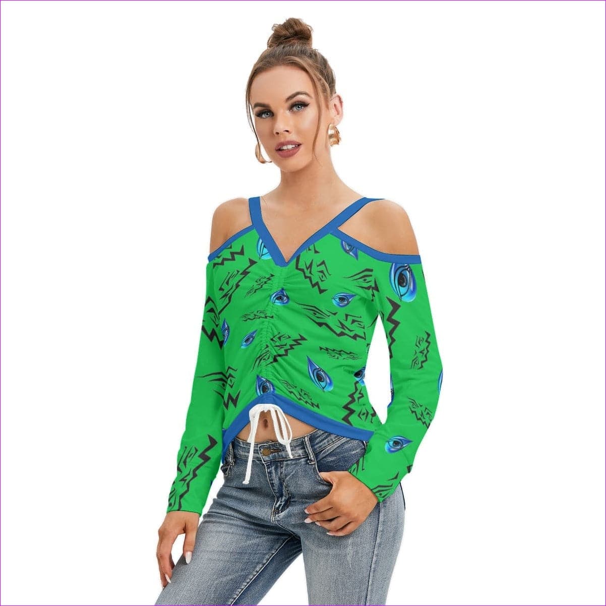 Evil Eye Women’s V-neck Cold Shoulder Blouse With Long Sleeve - women's top at TFC&H Co.