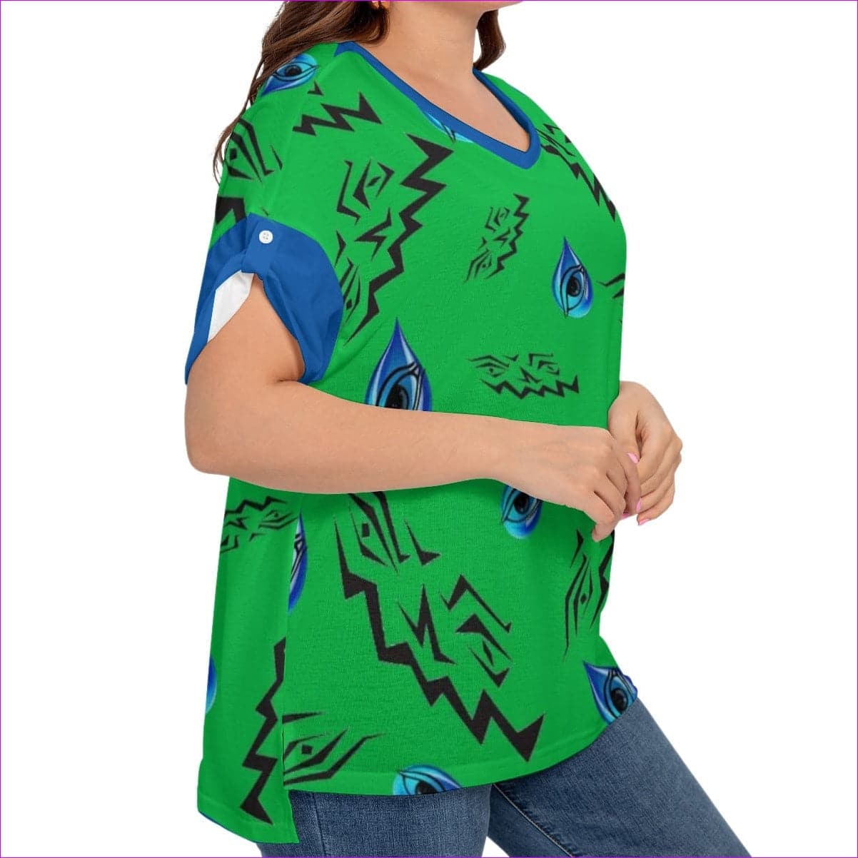 green Evil Eye Womens Drop-Shoulder T-shirt With Sleeve Loops Voluptuous (+) Plus Size - women's t-shirt at TFC&H Co.