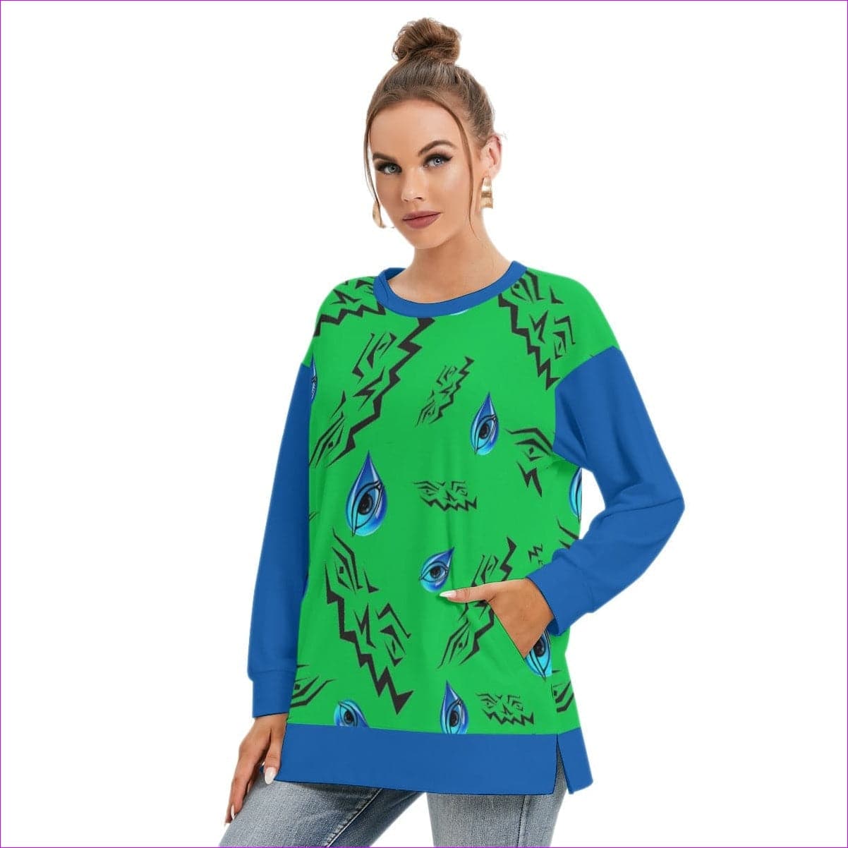 green - Evil Eye Womens Side Split O-neck Sweatshirt - womens sweatshirt at TFC&H Co.