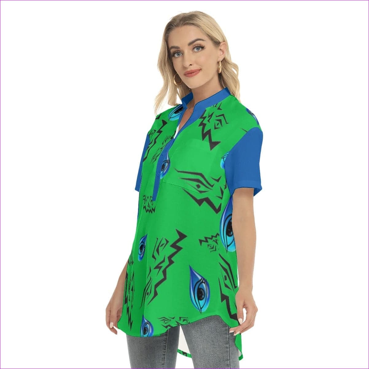 Evil Eye Womens Stand-up Collar Blouse With Open Button - women's blouse at TFC&H Co.