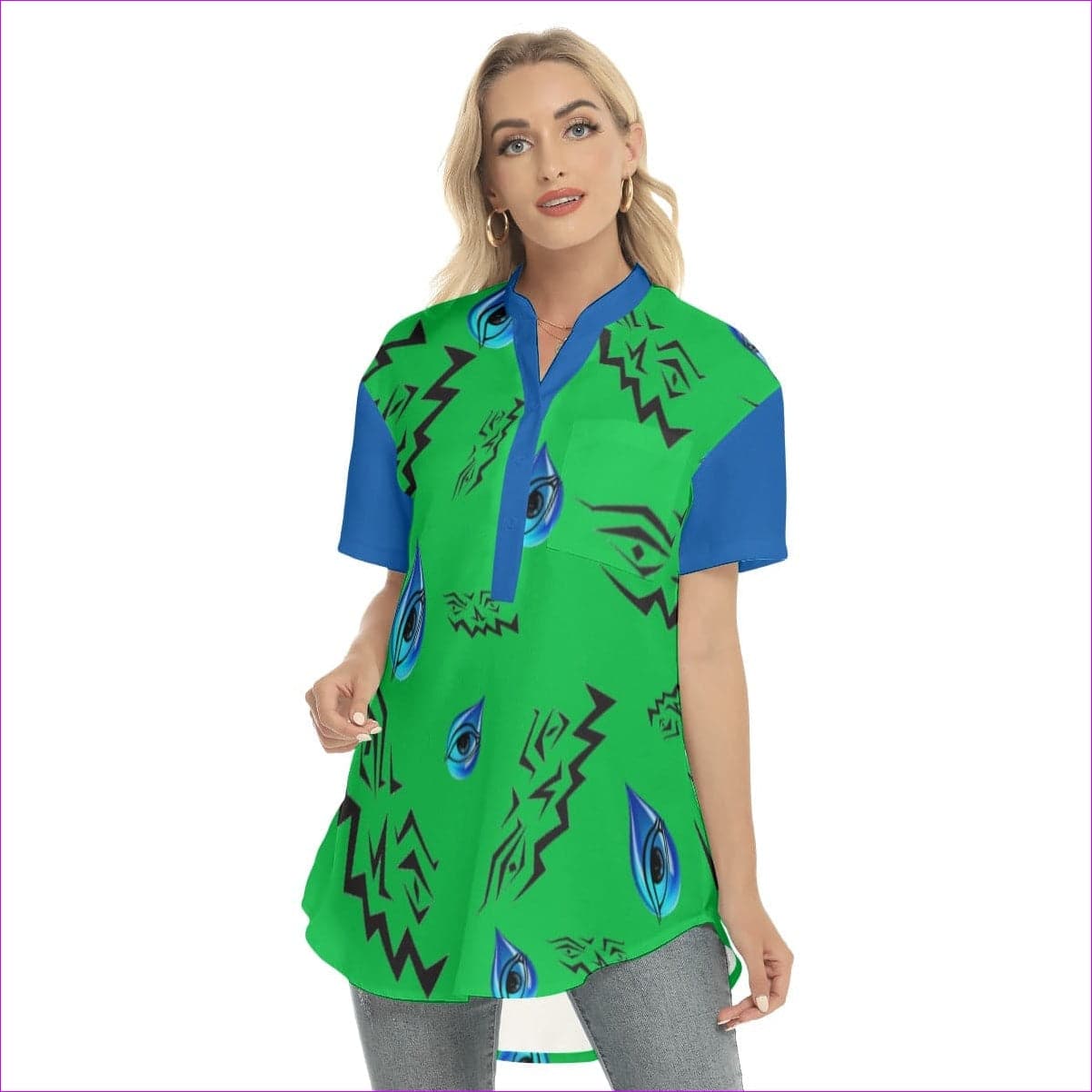 green - Evil Eye Womens Stand-up Collar Blouse With Open Button - womens blouse at TFC&H Co.