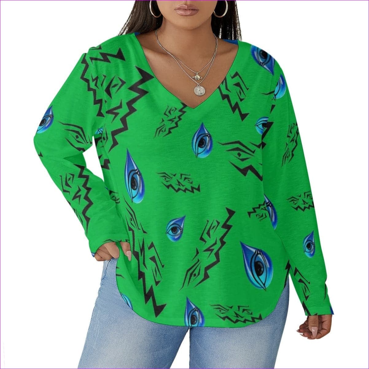green - Evil Eye Womens V-neck T-shirt With Curved Hem Voluptuous (+) Plus Size - womens v-neck t-shirt at TFC&H Co.