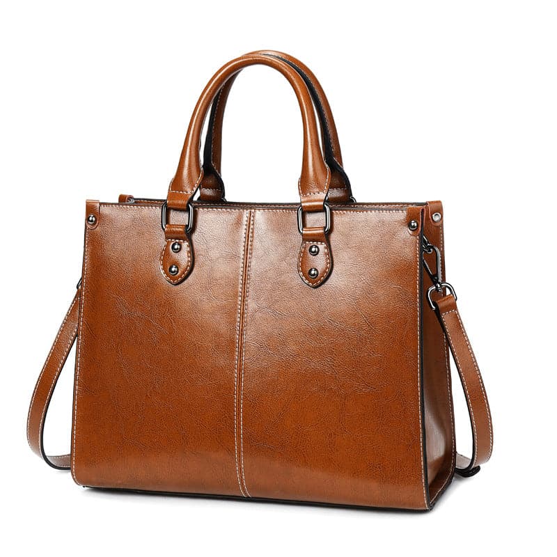 Khaki - Exaggerated Stitching Oil Wax Cowhide Leather handbag - handbag at TFC&H Co.