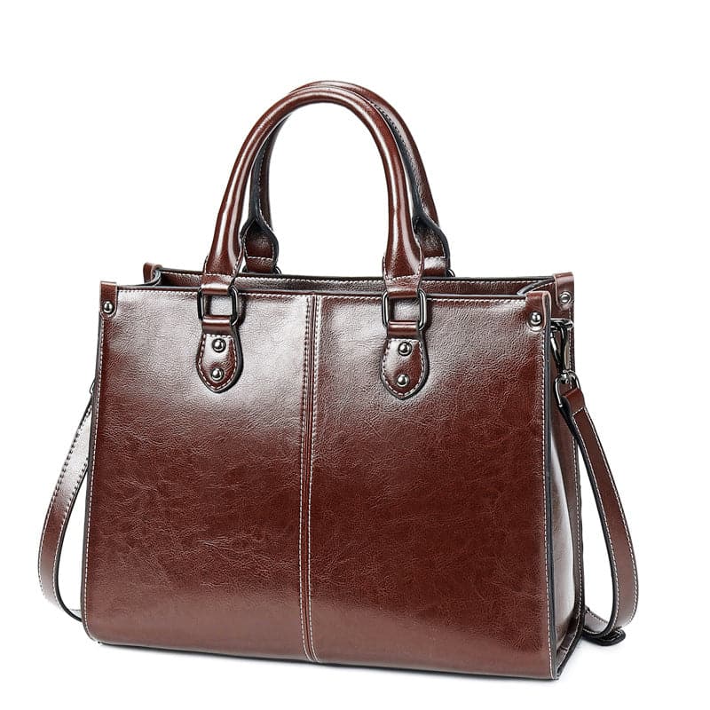 Brown - Exaggerated Stitching Oil Wax Cowhide Leather handbag - handbag at TFC&H Co.