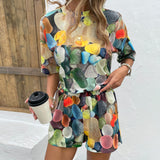 MULTICOLOR Pebble Printed Round Neck Dropped Shoulder Half Sleeve Top and Shorts Set - Women's Shorts Sets at TFC&H Co.