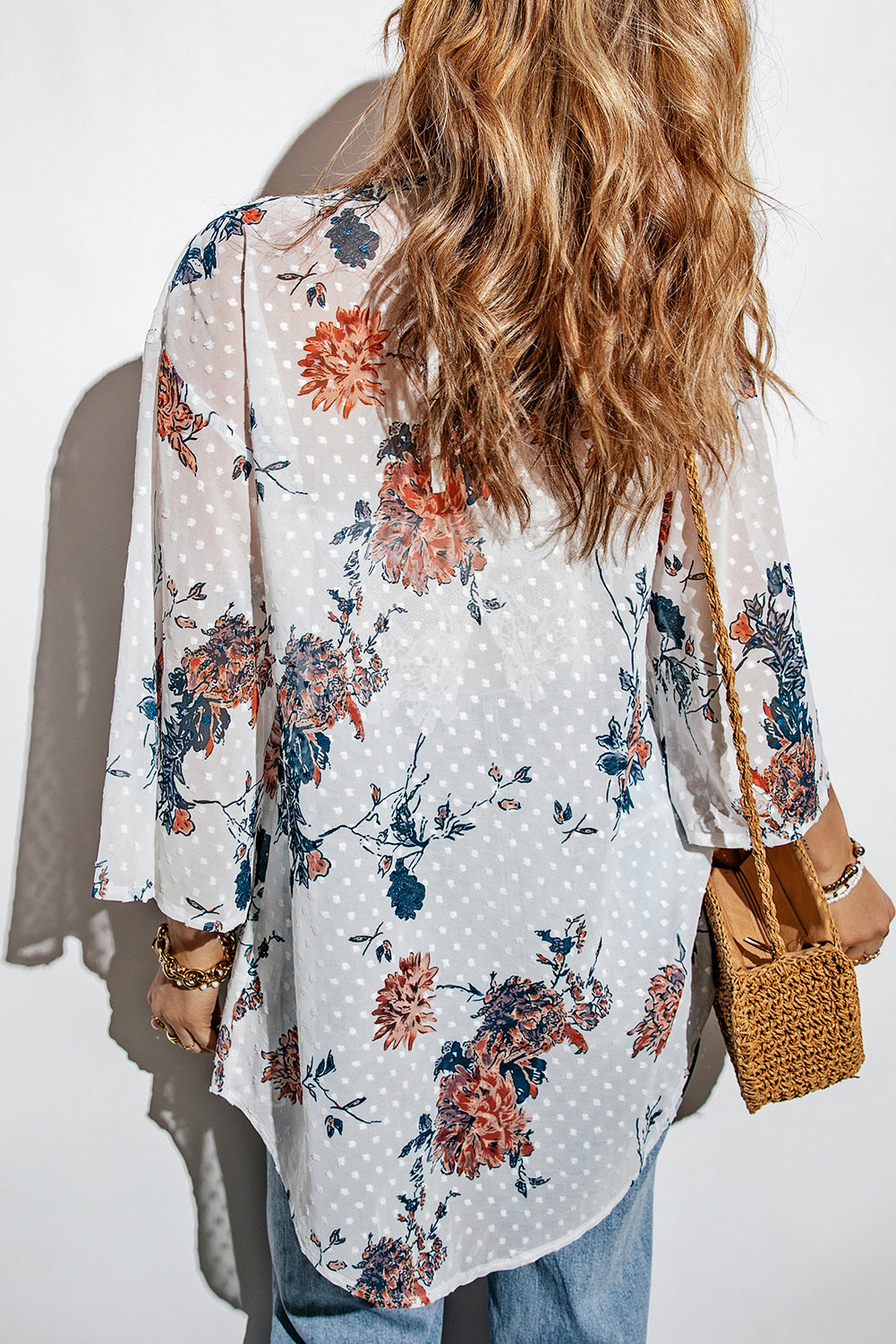 - Floral Three-Quarter Sleeve Open Front Cardigan - womens cardigan at TFC&H Co.