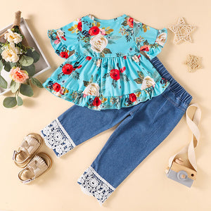 Girls Floral Round Neck Top and Lace Trim Distressed Jeans Set - 3 colors - toddler's pants set at TFC&H Co.