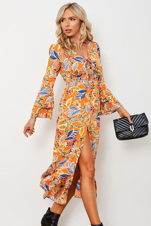 - Printed Layered Flare Sleeve Split Tied Dress - womens dress at TFC&H Co.