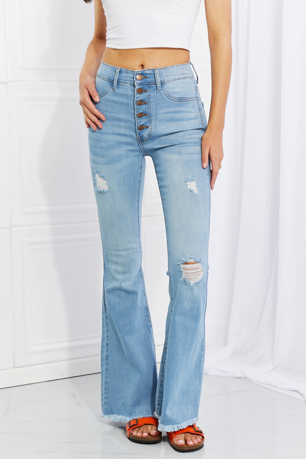 LIGHT Vibrant MIU Full Size Jess Button Flare Jeans - Ships from The US - women's jeans at TFC&H Co.