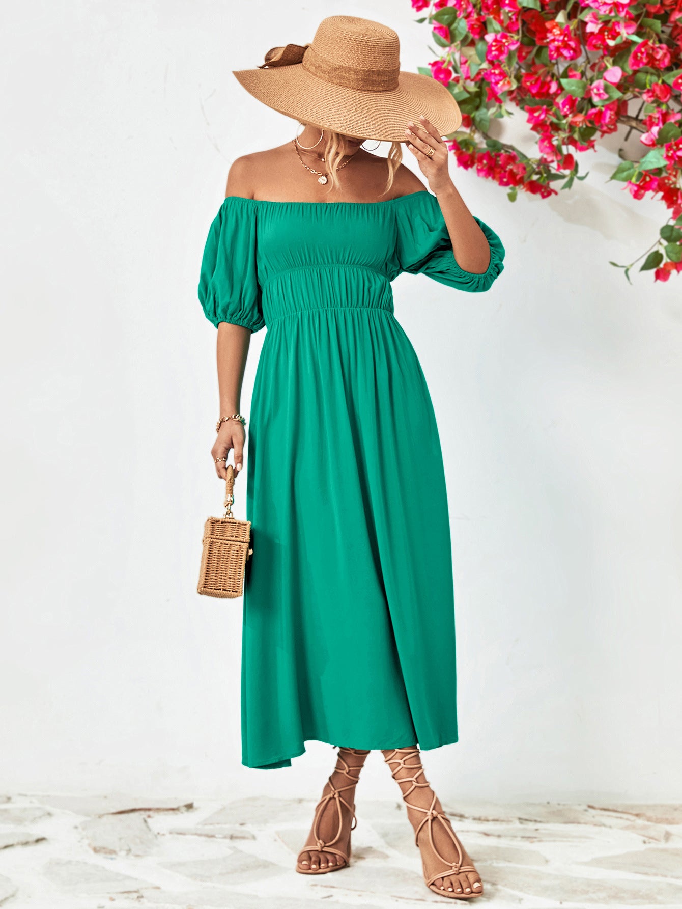 TEAL - Off-Shoulder Balloon Sleeve Midi Dress - colors - womens dress at TFC&H Co.