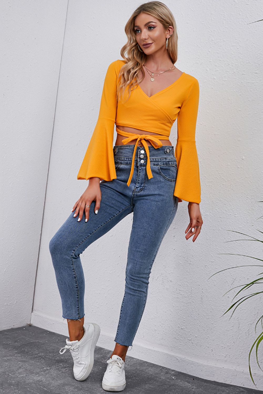 - Tie Front Flare Sleeve Cropped Top - Ships from The US - womens crop top at TFC&H Co.