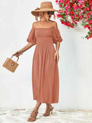 - Off-Shoulder Balloon Sleeve Midi Dress - colors - womens dress at TFC&H Co.