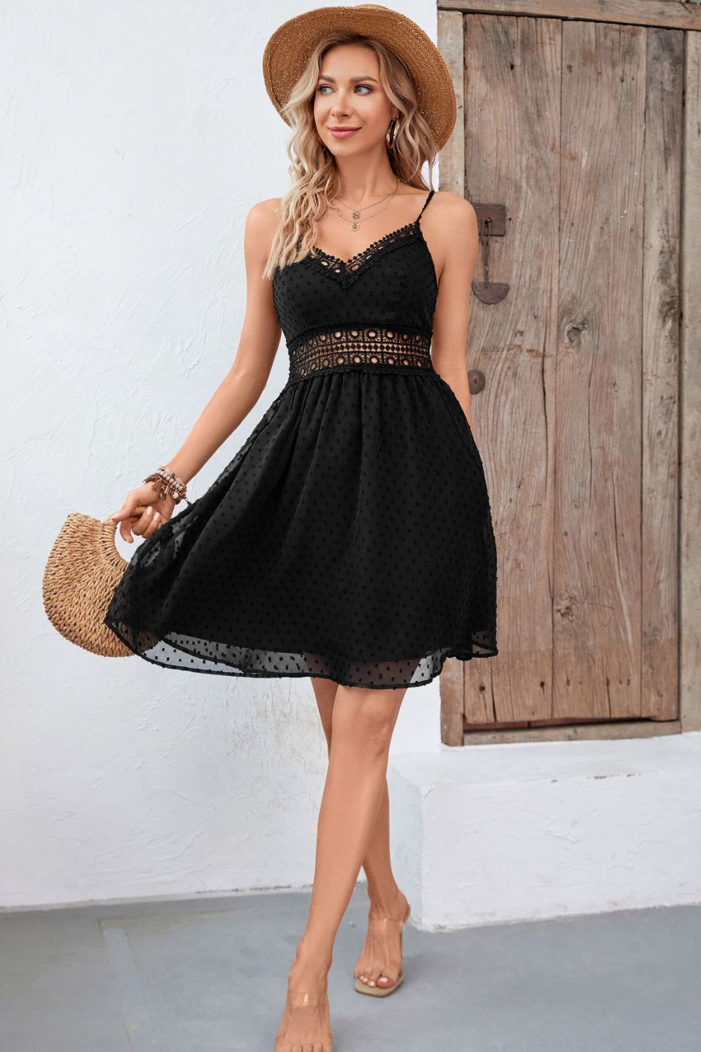 Swiss Dot Spaghetti Strap Spliced Lace Dress - women's dress at TFC&H Co.