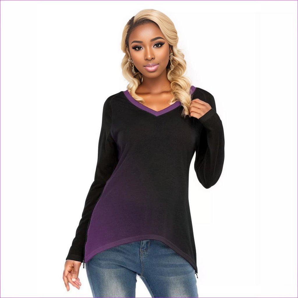 Fade Womens V-Neck Long Sleeves with Side Zip T-shirt - women's top at TFC&H Co.