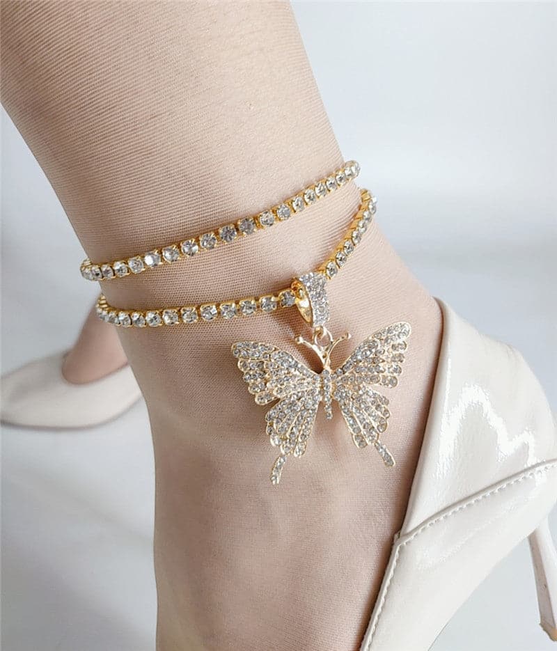 Gold Faux Diamond Butterfly Pendant Double Anklet - anklet at TFC&H Co.