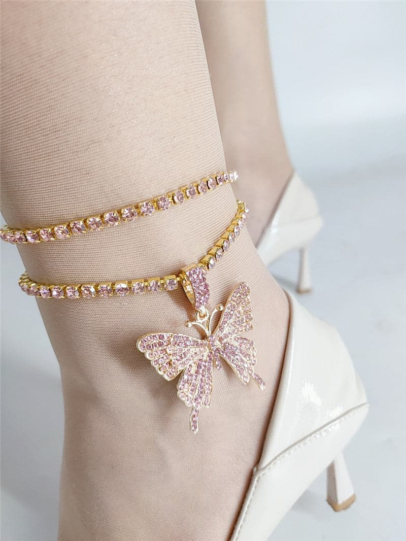 Pink Faux Diamond Butterfly Pendant Double Anklet - anklet at TFC&H Co.