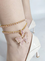 Pink - Faux Diamond Butterfly Pendant Double Anklet - anklet at TFC&H Co.