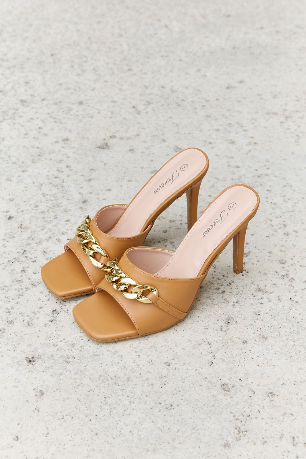- Forever Link Single Strap Chain Detail Mule Heels in Tan - Ships from The USA - womens heels at TFC&H Co.