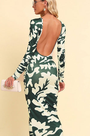 Printed Backless Long Sleeve Maxi Dress - women's dress at TFC&H Co.