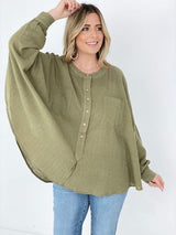 OLIVE GREEN - Easel Textured Cotton Linen Oversized Top - Ships from The US - womens blouse at TFC&H Co.
