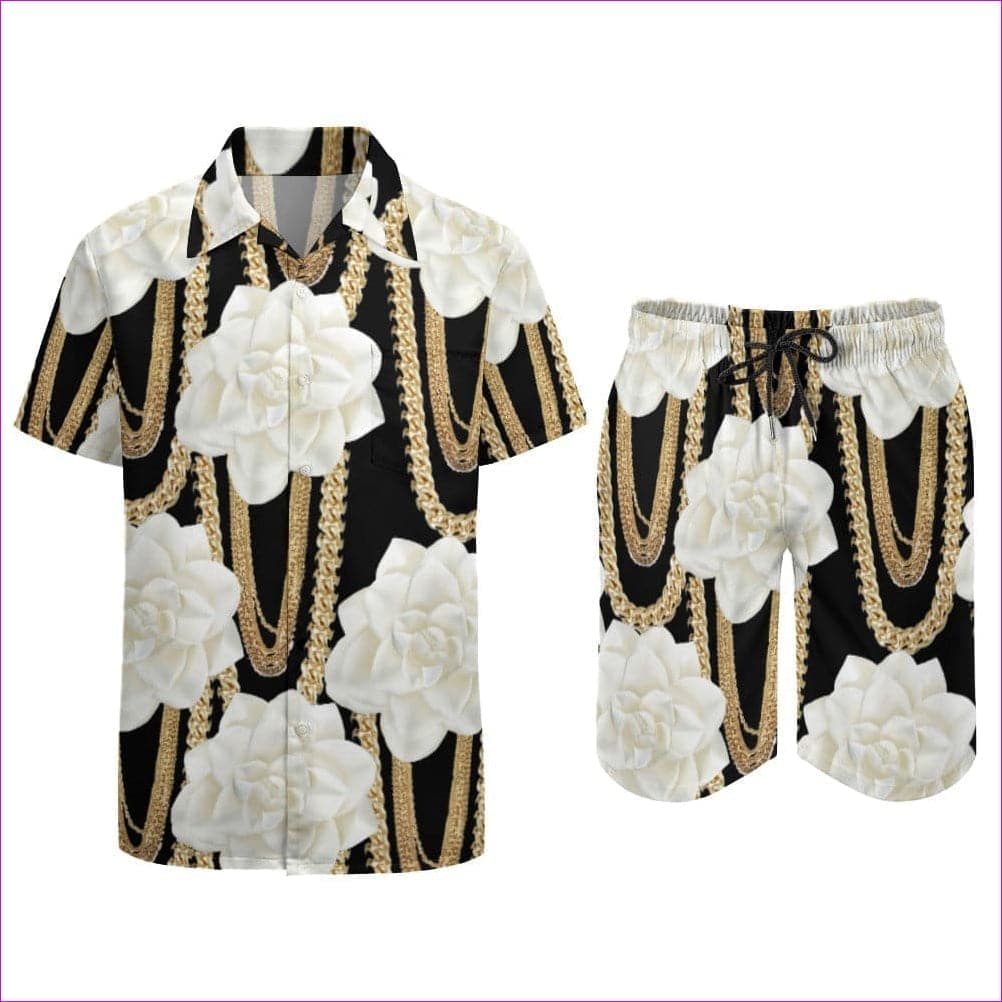 Black Floral Chain Leisure Beach Suit - 3 options - men's top & short set at TFC&H Co.