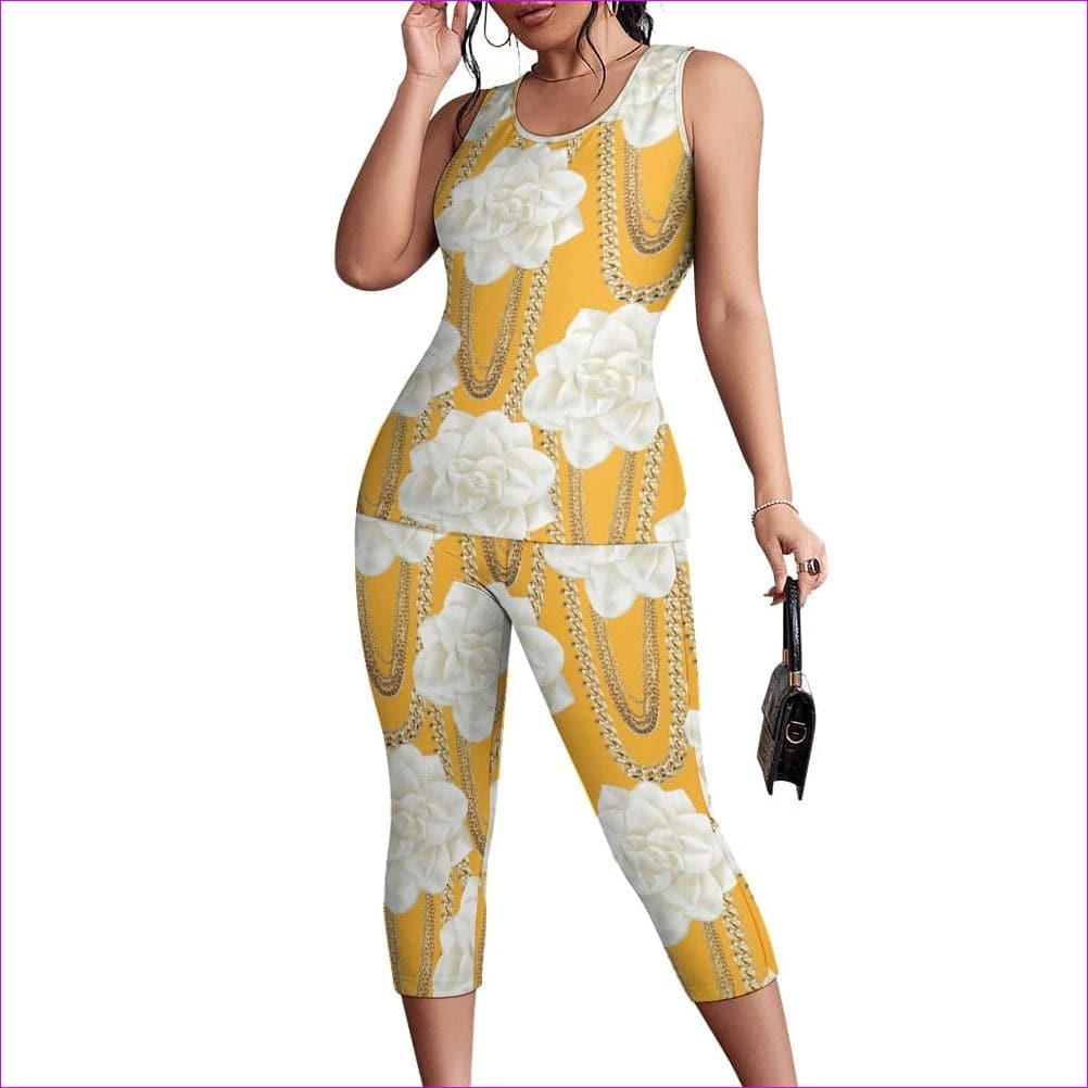 Orange Floral Chain Womens Tank Top Set - 2 options - women's top & short set at TFC&H Co.