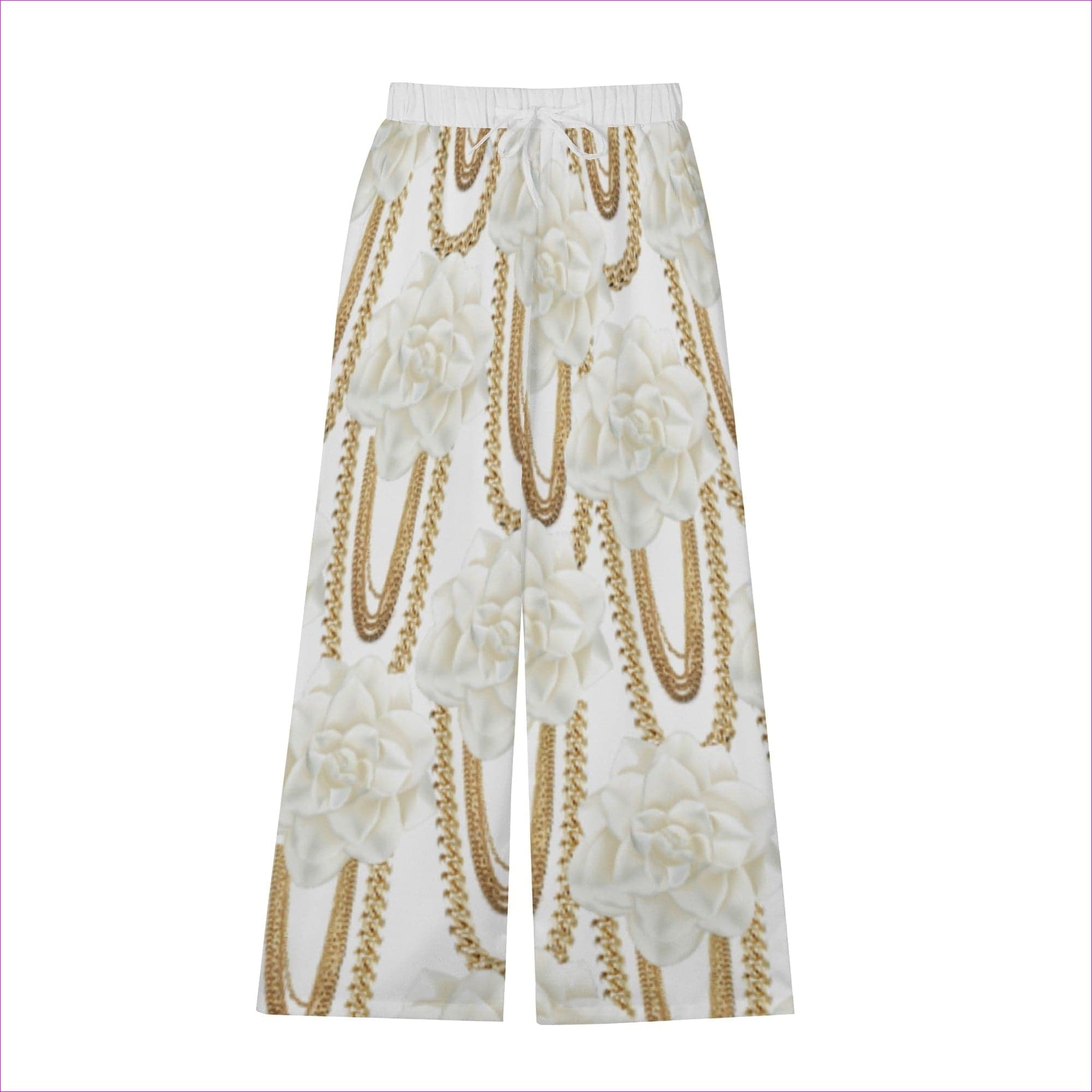 White - Floral Chain Womens Wide Leg Cropped Pants - womens pants at TFC&H Co.