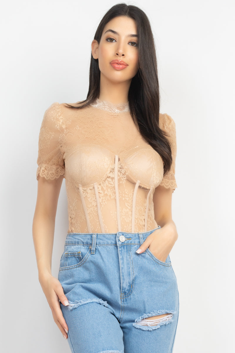 NUDE - Floral Lace Corset Keyhole Bodysuit - 4 colors -Ships from The US - womens bodysuit at TFC&H Co.