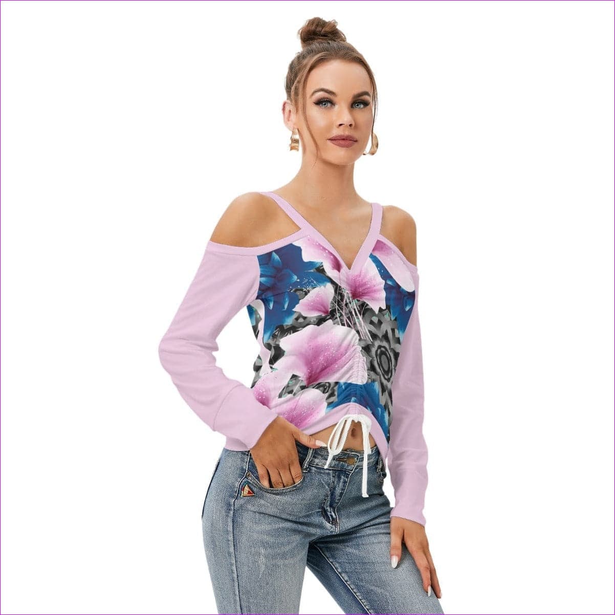 - Floral Realm Women’s V-neck Cold Shoulder Blouse With Long Sleeve - womens top at TFC&H Co.