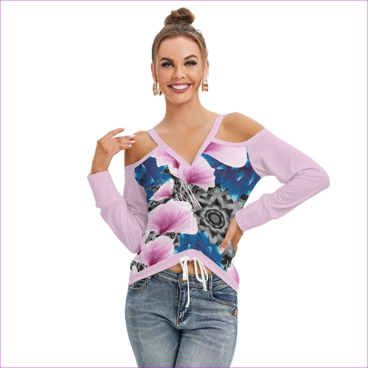 Pink Floral Realm Women’s V-neck Cold Shoulder Blouse With Long Sleeve - women's top at TFC&H Co.
