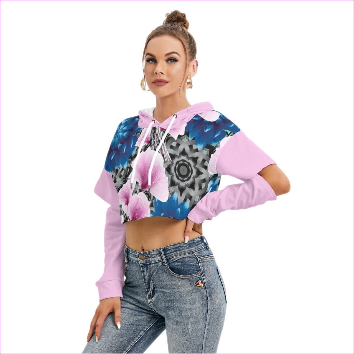Pink - Floral Realm Womens Heavy Fleece Hoodie With Hollow Out Sleeve - womens cropped hoodie at TFC&H Co.