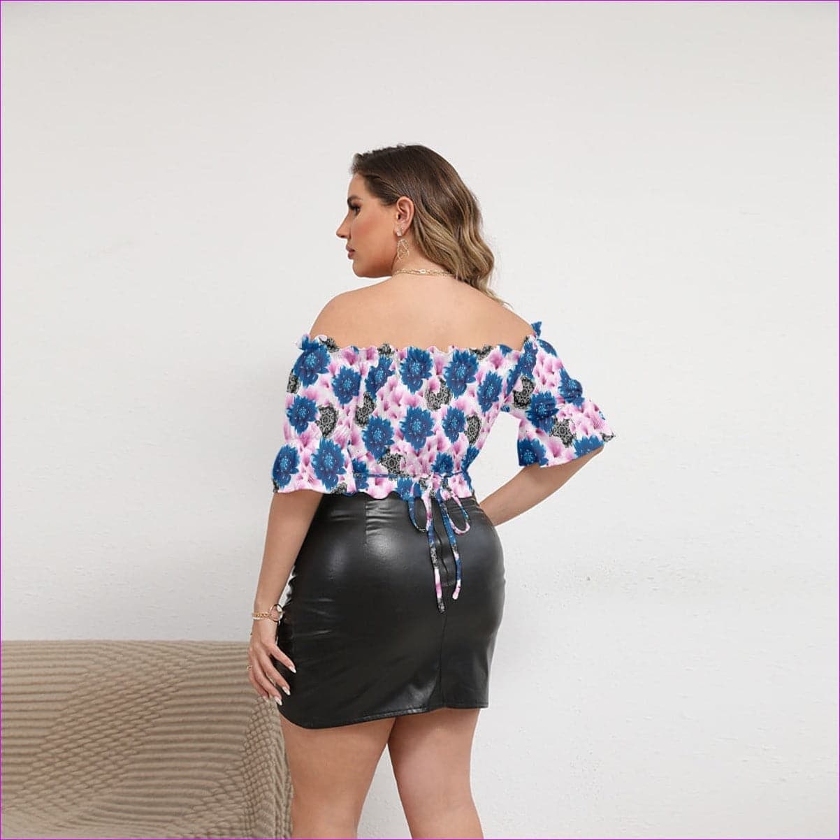 - Floral Realm Womens Off-shoulder Cropped Top With Short Puff Sleeve Voluptuous (+) Plus Size - womens crop top at TFC&H Co.