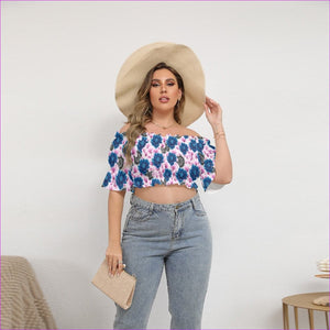 Pink - Floral Realm Womens Off-shoulder Cropped Top With Short Puff Sleeve Voluptuous (+) Plus Size - womens crop top at TFC&H Co.
