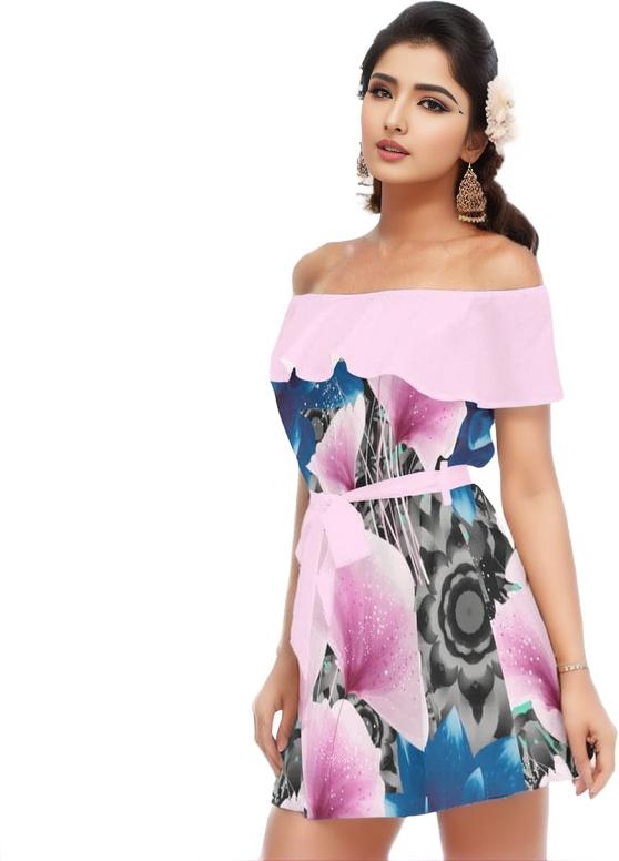Pink Floral Realm Womens Off-shoulder Dress With Ruffle - women's dress at TFC&H Co.