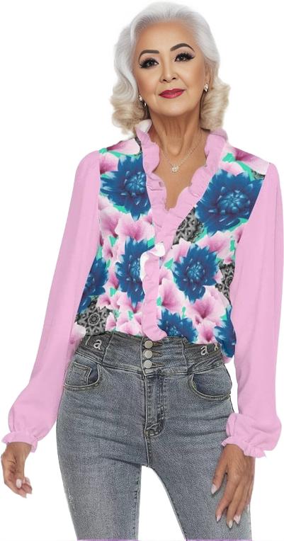 Pink Floral Realm Womens Pleated Collar V-neck Shirt - women's blouse at TFC&H Co.