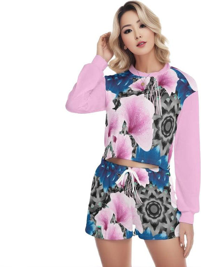 Pink Floral Realm Womens Sweatshirt And Shorts Set - women's sweatshirt & short set at TFC&H Co.