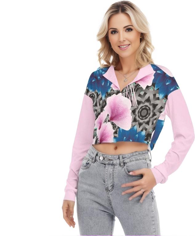 Floral Realm Womens V-neck Lapel Long Sleeve Cropped T-shirt - women's top at TFC&H Co.