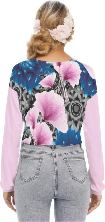 Floral Realm Womens V-neck Lapel Long Sleeve Cropped T-shirt - women's top at TFC&H Co.