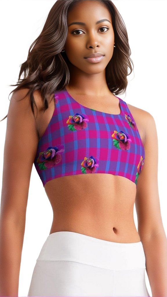 purple/pink Floral Reign Plaid Womens Seamless Sports Bra - women's sports bra at TFC&H Co.