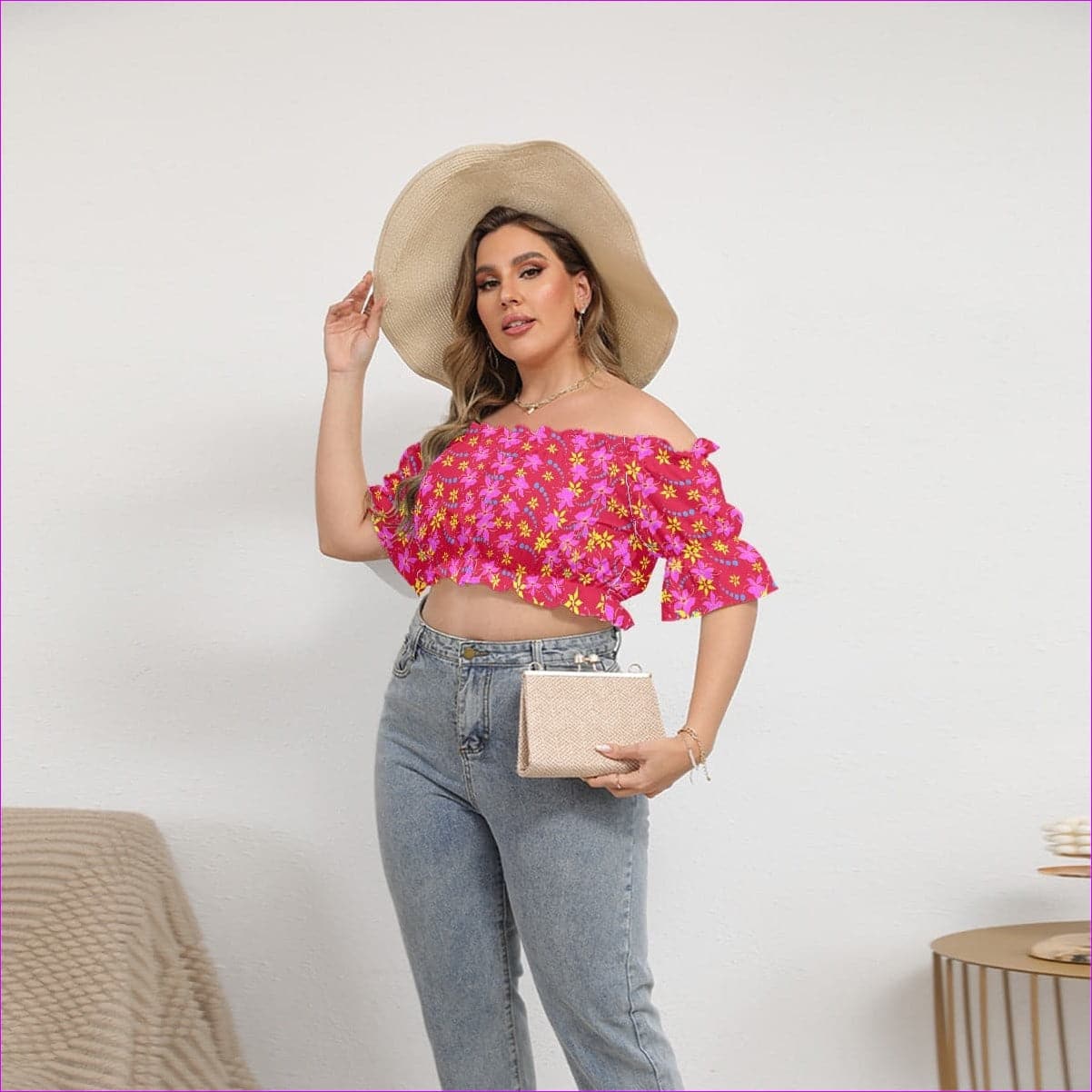 Red - Floral Wear Womens Off-shoulder Cropped Top With Short Puff Sleeve - womens off shoulder top at TFC&H Co.