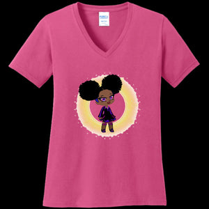 WOMENS V-NECK NEON-PINK - Fro-Puff Women's & Teen's V-Neck Tee - Ships from The US - womens t-shirt at TFC&H Co.