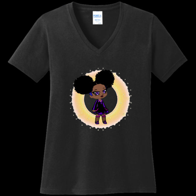 WOMENS V-NECK BLACK - Fro-Puff Women's & Teen's V-Neck Tee - Ships from The US - womens t-shirt at TFC&H Co.